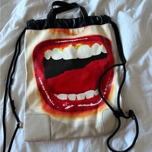 Desigual White Drawstring Backpack with Red Lips Graphic